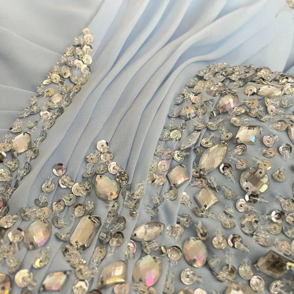 JJ's House prom gown one-shoulder chiffon beading sequin split-front cut-out wai - Picture 7 of 16